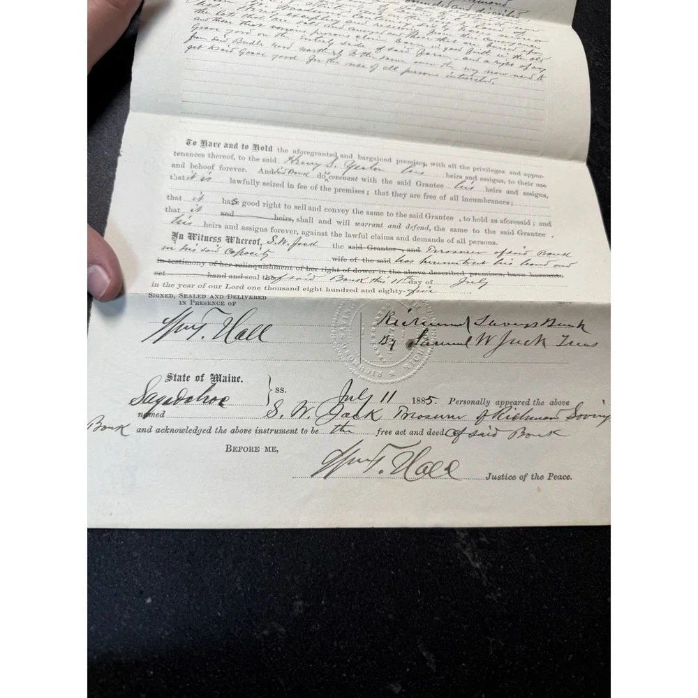 1885 Maine Warranty Deed Richmond Savings Bank Sagadahoc County Antique Document